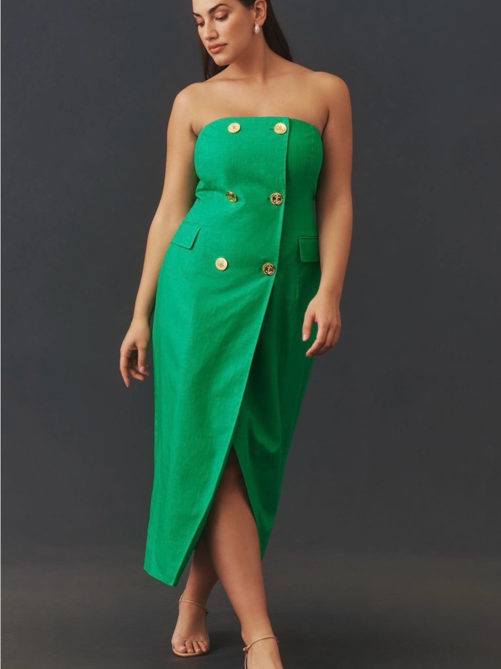 NWT Strapless Green Trench Midi Dress with Gold Buttons